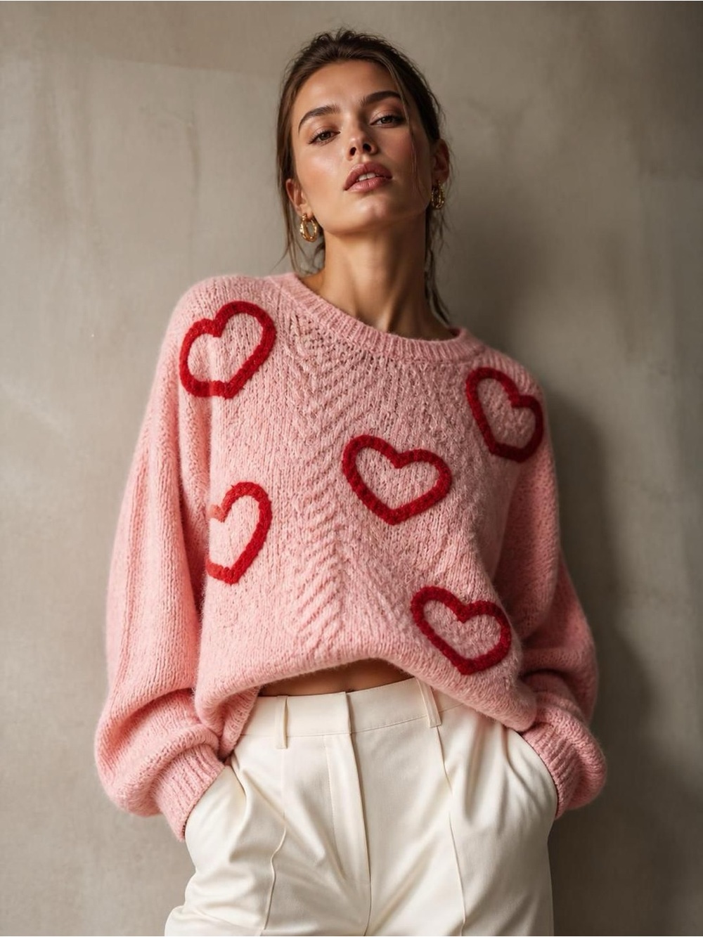 KAILY K Pink Fuzzy Knit Heart Sweater Oversized Cropped XS NWT